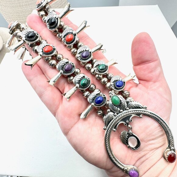 Native American M Haley Sterling Silver Gemstone Squash Blossom Necklace 100 GMS - Picture 5 of 15